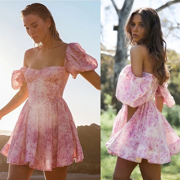 BARDOT Floral Puff Short Sleeve On/Off Shoulder Fit & Flare Corset Mini Dress M - Picture 1 of 16